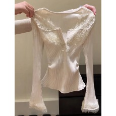 批发纯欲风重工蕾丝拼接V领针织衫女秋冬新款辣妹收腰<b class='q'>显瘦</b>气质小上衣