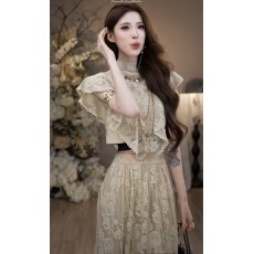 批发彼得潘大叔《里昂黑缎》精美<b class='q'>蕾丝</b>料系带修身上衣弹力腰大裙摆半裙