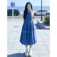 批发法式蓝色无袖背心<b class='q'>连衣裙</b>子女夏季2026新款巨好看漂亮掐腰<b class='q'>花苞</b>长裙