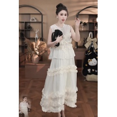 批发重工拼接木耳边上衣+中长裙套装*