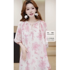 批发夏季浪漫粉色繁花树木印花宽松<b class='q'>连衣裙</b>圆领裙