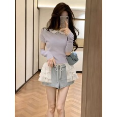 批发三件套新款娃娃领蕾丝拼接可拆卸袖套针织上衣女时尚小众百搭短裤