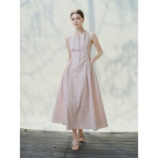 批发简约无袖<b class='q'>连衣裙</b>女长裙收腰排扣气质修身大码显瘦裙