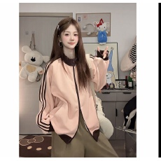 批发美式运动条纹立领开衫卫衣男女<b class='q'>情侣装</b>宽松休闲夹克百搭外套女上衣