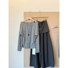 批发秋季ootd松弛感穿搭套<b class='q'>装</b>女休闲条纹长袖<b class='q'>T</b><b class='q'>恤</b>屁帘高腰阔腿<b class='q'>裤</b><b class='q'>两件套</b>