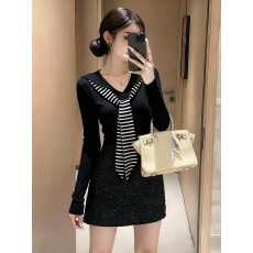 批发十三行2025秋冬新款韩版条纹披肩撞色海军领假两件针织衫修身上衣