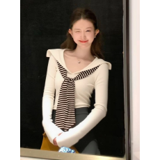 批发秋冬法式收腰修身海军领针织打底衫女设计感复古条纹系带长袖上衣