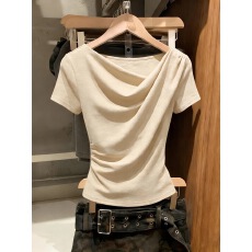 批发2026夏季<b class='q'>新款</b><b class='q'>欧洲站</b>温柔风设计感斜肩领短袖修身显瘦内搭T恤上衣