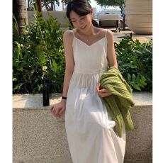 批发已出货 韩国chic夏季新款韩版V领露锁骨高腰显瘦吊带连衣裙<b class='q'>长裙</b>