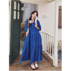 批发蓝色<b class='q'>波点</b><b class='q'>连衣裙</b>女夏2026新款度假风超好看设计感微胖显瘦遮肚长裙