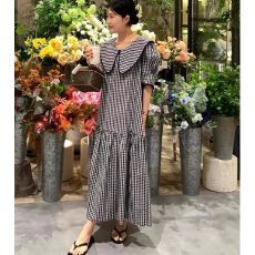批发原版外贸复古拼接荷叶边格子<b class='q'>连衣裙</b>女夏季新款减龄撞色宽松长裙