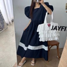 批发外贸复古风拼色格纹泡泡袖<b class='q'>连衣裙</b>女夏季新款设计感慵懒风长裙子