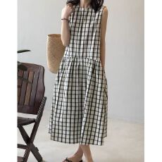 批发法式复古格子宽松大摆a字<b class='q'>连衣裙</b>女夏季设计感休闲长款无袖背心裙