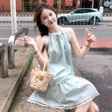 批发薄荷仙女文艺森系气质两件套<b class='q'>无袖</b>吊带背心蝴蝶结半身裙海岛套装夏