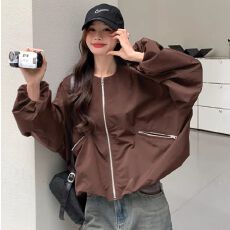 批发美拉德<b class='q'>韩版</b>棒球服外套女春装2026新款设计感小众美式夹克灯笼袖