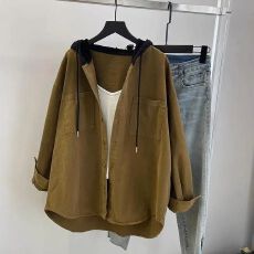 批发胖MM新款宽松大码复古休闲连帽衬衫女<b class='q'>春</b>秋季中长款百搭外套ins潮