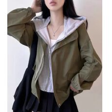 批发韩国chic<b class='q'>春</b>季设计感纯色休闲假两件连帽拉链灯笼袖宽松风衣外套女