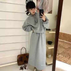 批发春季韩国东大门宽松格子领带+<b class='q'>短款</b>套头<b class='q'>卫衣</b>+高腰抽绳半身裙三件套