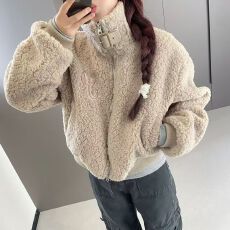 批发300克羊羔绒韩系慵懒风羊羔绒<b class='q'>外套</b>套装女秋冬设计感立领上衣