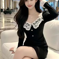 批发2025秋季新款大码甜辣风高级设计感裙子女<b class='q'>春秋</b>蕾丝拼接黑色<b class='q'>连衣裙</b>