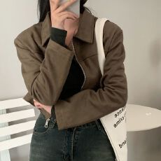 批发<b class='q'>韩国</b>chic秋季新款复古百搭翻领仿鹿皮绒小众宽松长袖夹克短外套女