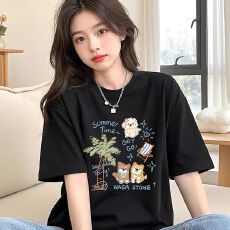 批发宽松版原版外贸韩版复古字母印花宽松大码短袖T恤百搭休闲上衣