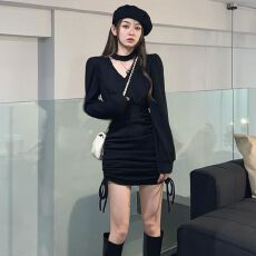 批发轻奢挂脖长袖连衣裙女春秋款气质韩版收腰抽绳性感打底<b class='q'>包臀</b>短裙