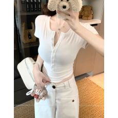 批发人棉270克】纽扣半开领正肩短袖<b class='q'>T</b><b class='q'>恤</b>女夏季纯性感<b class='q'>紧身</b>短款露脐上衣