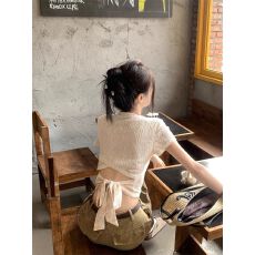 批发【原版树皮皱】辣妹后背镂空绑带短袖T恤夏季修身显瘦短款上衣<b class='q'>女</b>