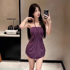 批发已出货 原版布人棉夏季辣妹挂脖抹胸收腰包臀裙垂感修身<b class='q'>连衣裙</b>女