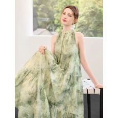 批发新中式国风盘扣绿色挂脖<b class='q'>连衣裙</b>女夏季超仙森系无袖宽松茶歇长裙子