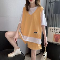 批发运动套装女夏季韩版假两件短裤短袖<b class='q'>运动服</b>休闲时尚宽松减龄两件套