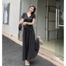 批发大码女装<b class='q'>胖</b><b class='q'>MM</b>夏款显瘦休闲不规则短袖上衣半身裙茶系穿搭套装长裙