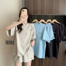 批发华夫格运动<b class='q'>短裤</b>短袖T恤两件套<b class='q'>女</b>夏新款百搭宽松显瘦休闲时尚套装