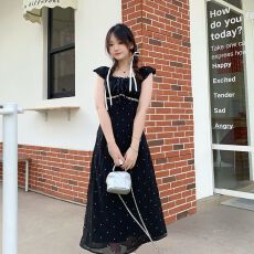 批发夏韩版黑色波点法式方领短袖收腰连衣<b class='q'>裙</b>女小个子中长款修身显瘦