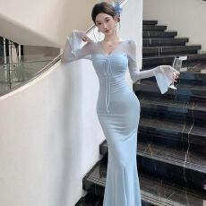 批发已出货 V领喇叭袖网纱<b class='q'>连衣裙</b>女高级感御姐风修身包臀鱼尾裙长裙