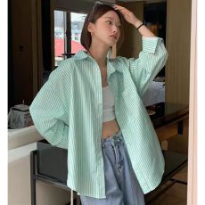 批发已出货 <b class='q'>条纹</b><b class='q'>衬衫</b>外套女夏季韩系chic薄款ins风宽松长袖绿色上衣