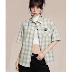批发已出货 <b class='q'>格子</b>短袖衬衫女夏季新款宽松中长款Polo领衬衣<b class='q'>外套</b>上衣