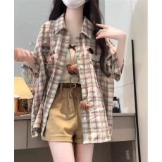 批发已出货 韩版刺绣<b class='q'>格子</b>短袖衬衫女新款夏季设计感开衫衬衣宽松显瘦