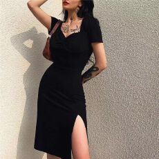 批发已出货 原版复古宫廷风方领开叉<b class='q'>连衣裙</b>欧美ins修身显瘦性感短裙女