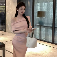 批发已出货 露肩连衣裙女夏季收腰显瘦裙子法式一字肩性感<b class='q'>小礼服</b>长裙