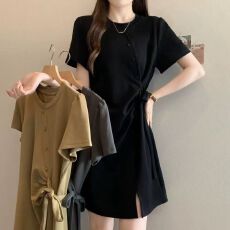 批发已出货 大码女装夏季<b class='q'>胖</b><b class='q'>mm</b>收腰显瘦设计感系带开叉正肩短袖连衣裙