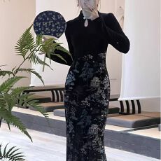 批发已出货 新中式改良旗袍连衣裙女秋<b class='q'>冬</b>流行穿搭高级感年轻款丝绒裙