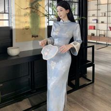 批发新中式蓝色印花修身倒大袖改良温柔旗袍秋复古竹叶国风立领连衣裙