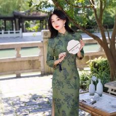 新款气质淑女园襟印花侧八扣长款中国风墨绿文艺复古显白开叉旗袍