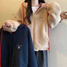 批发韩版复古羊羔毛刺绣格子拼接连帽<b class='q'>外套</b>女秋冬新款宽松保暖卫衣开衫