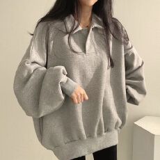 批发韩国chic秋冬慵懒风休闲宽松<b class='q'>百搭</b>灯笼袖加绒减龄Polo领套头卫衣女