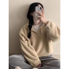 批发<b class='q'>韩国</b>单!东大门ins软乎乎半高领前拉链套头宽松大码长袖绒衫卫衣潮