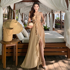 批发森系旅人艺术系流浪风绑带荷叶边裙挂脖露背连衣裙