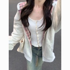 批发仿棉复合美式复古慵懒风<b class='q'>卫衣</b>格子拼接拉链外套女新款连帽<b class='q'>开衫</b>宽松